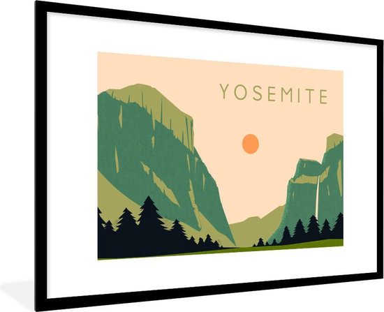 Fotolijst incl. Poster - Park - California - USA - Yosemite - Illustratie - Amerika - 120x80 cm - Posterlijst