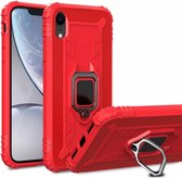 Voor iPhone XR koolstofvezel beschermhoes met 360 graden roterende ringhouder (rood)