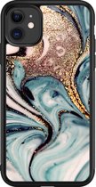 iPhone 11 hoesje glas - Marmer blauw goud - Hard Case - Zwart - Backcover - Marmer - Blauw