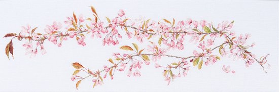 Thea Gouverneur - Borduurpakket met telpatroon - 481 - Voorgesorteerde DMC Garens - Japanse Bloesem - Linnen - 80 cm x 27 cm - DIY Kit