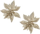 2x stuks decoratie bloemen kerststerren champagne glitter op clip 15 cm - Decoratiebloemen/kerstboomversiering