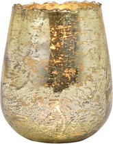 Glazen design windlicht/kaarsenhouder in de kleur champagne goud met formaat 12 x 15 x 12 cm. Voor waxinelichtjes