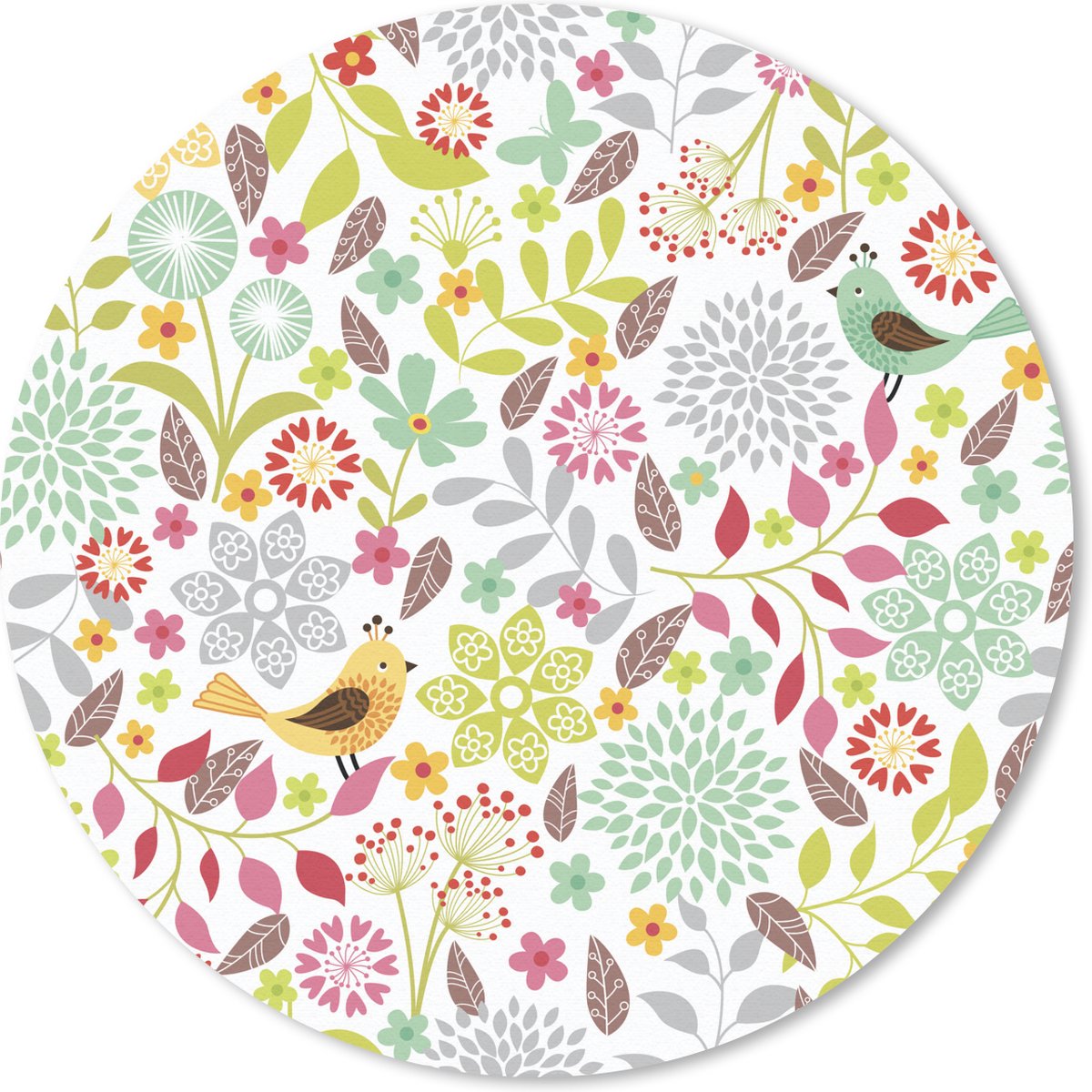 Muismat Bloemdessin illustratie - Een bloemdessin illustratie met vogels Muismat rond - 20x20 cm - Muismat met foto