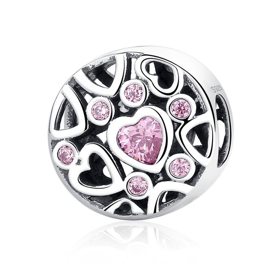 hart bead roze zirkonia | ronde hartjes bedel | Zilverana | geschikt voor alle bekende merken | 925 zilver - Zilverana