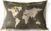 Buitenkussens - Tuin - Vintage wereldkaart met de quote Wherever you go, go with all your heart en harten - 60x40 cm