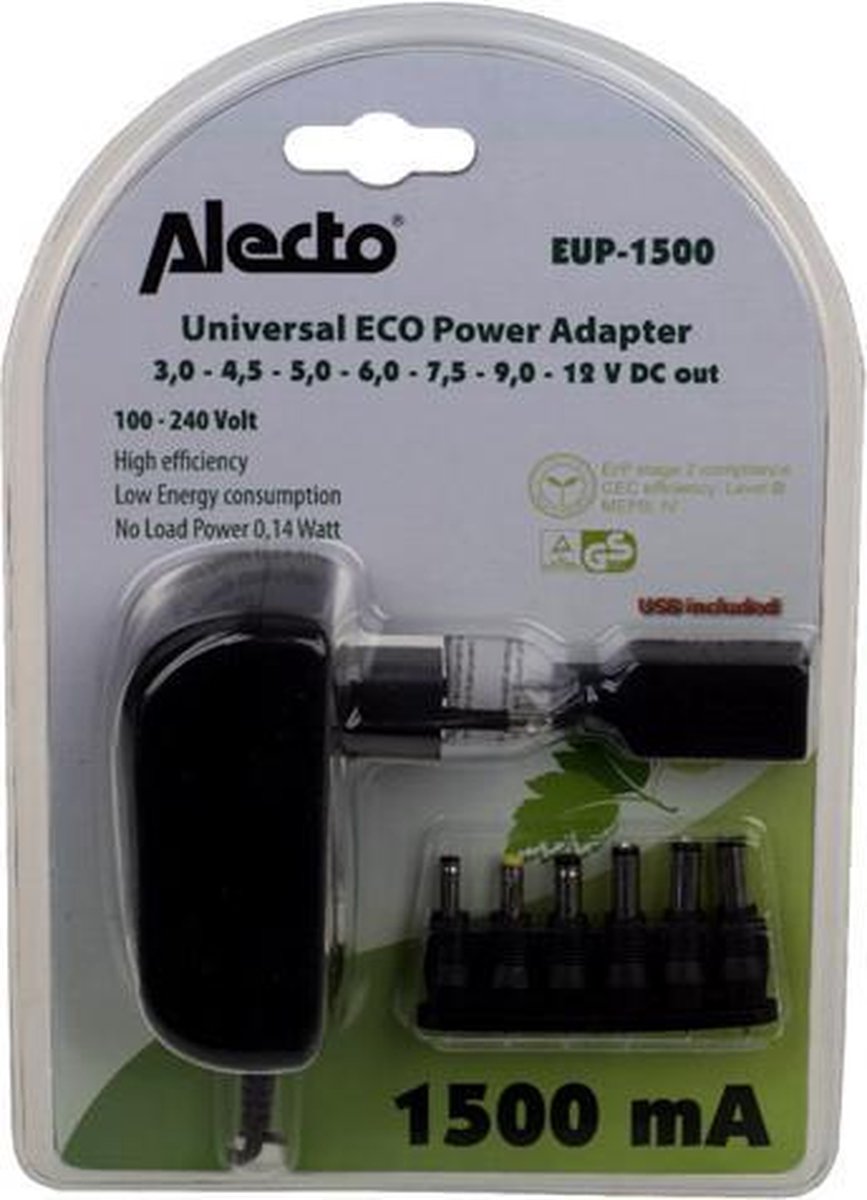 Alecto EUP-1500 - Universele adapter - Met koppelstukjes - 1500 mA - Zwart  | bol.com