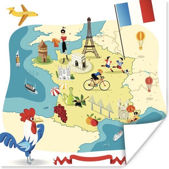 schakelaar loterij Floreren Geïllustreerde kaart van Frankrijk 100x100 cm - Foto print op Poster  (wanddecoratie... | bol.com