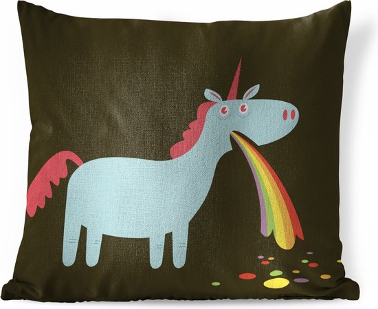 Sierkussen Licorne illustration pour usage intérieur - Une illustration d'une licorne vomissant - 45x45 cm - Coussin intérieur carré en coton