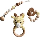 IL BAMBINI set: Rammelaar, Bijtring & Speenkoord - Gele giraffe - Handgemaakt - Hout & Wol - Babycadeau - Kraamcadeau - Baby bijtspeelgoed 0-2 jaar