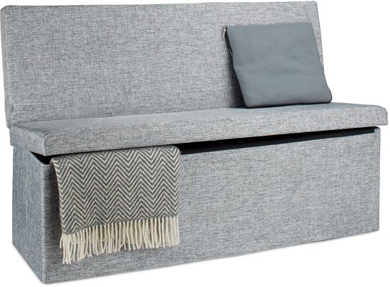 pouf relaxdays avec dossier, banc, pliable, banc de rangement, canapé de salon lin gris