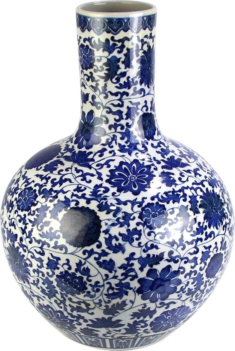 Fine Asianliving Chinese Vaas Porselein Lotus Handgeschilderd Blauw-Wit D32xH46cm Blauw, Wit