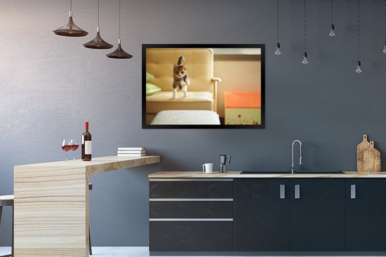 Photo encadrée - Chat sautant du canapé cadre photo noir sans passe partout 90x60 cm - Affiche encadrée (Décoration murale salon / chambre)