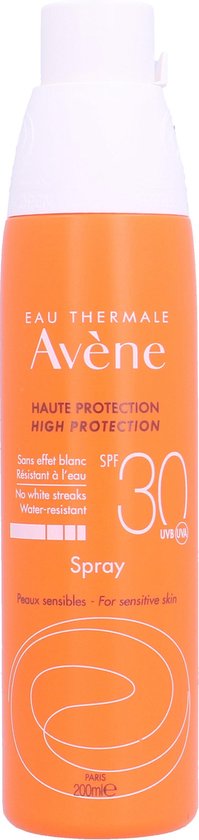 Oranje spuitbus Avène zonbescherming, SPF 30, 'HAUTE PROTECTION HIGH PROTECTION SPRAY', waterresistent.