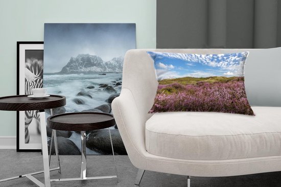 Sierkussen Waddenzee pour l'intérieur - Bruyère fleurie dans les dunes près des Waddenzee - 50x30 cm - Coussin intérieur rectangulaire en coton