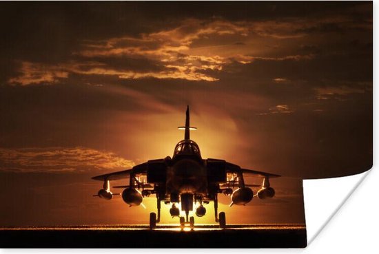 Poster Het silhouet van een straaljager tijdens zonsondergang - 30x20 cm