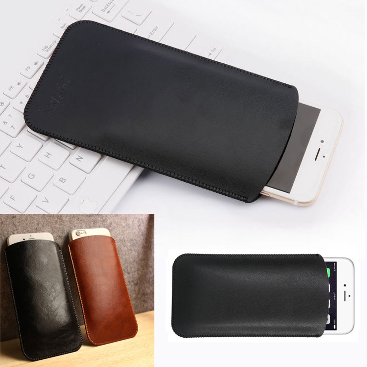 iphone 7 plus Samsung Huawei Luxe leather Hoesje case Zwart