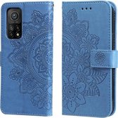 Voor Xiaomi Mi 10T Pro 7-bloemblaadje Bloemen Embossingpatroon Horizontale Flip PU-lederen hoes met houder & kaartsleuven & portemonnee & fotolijst (blauw)