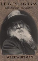 Boekomslag "Leaves of Grass" met portret van Walt Whitman met een baard en hoed.
