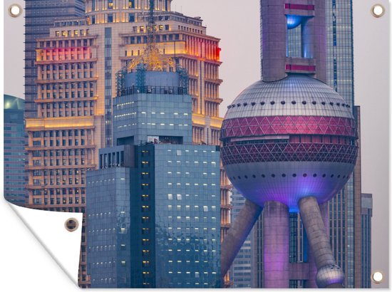 Tuin decoratie Architectuur van de Oriental Pearl Tower in Shanghai - 40x30 cm - Tuindoek - Buitenposter