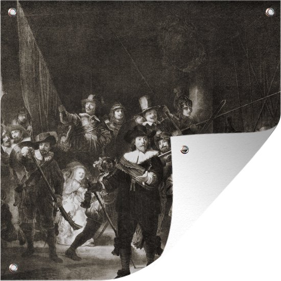 Tuinposters De Nachtwacht in zwart-wit - Schilderij van Rembrandt van Rijn - 50x50 cm - Tuindoek - Buitenposter