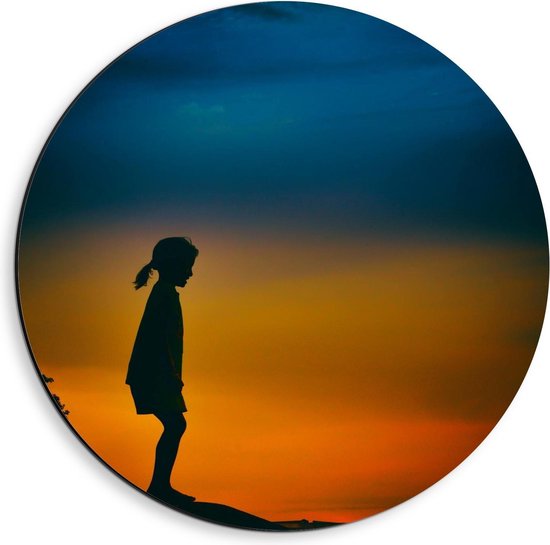 Dibond Wandcirkel - Silhouet van Meisje - 40x40cm Foto op Aluminium Wandcirkel (met ophangsysteem)