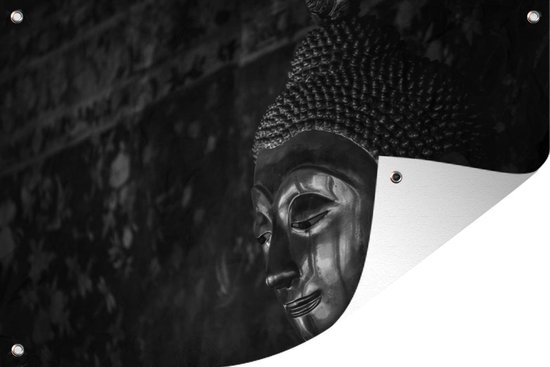 Tuindecoratie Boeddha standbeeld Thailand - zwart wit - 60x40 cm - Tuinposter - Tuindoek - Buitenposter