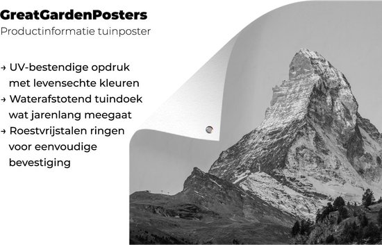 Muurdecoratie De Matterhorn in Zwitserland bij zonsopkomst - zwart wit - 180x120 cm - Tuinposter - Tuindoek - Buitenposter