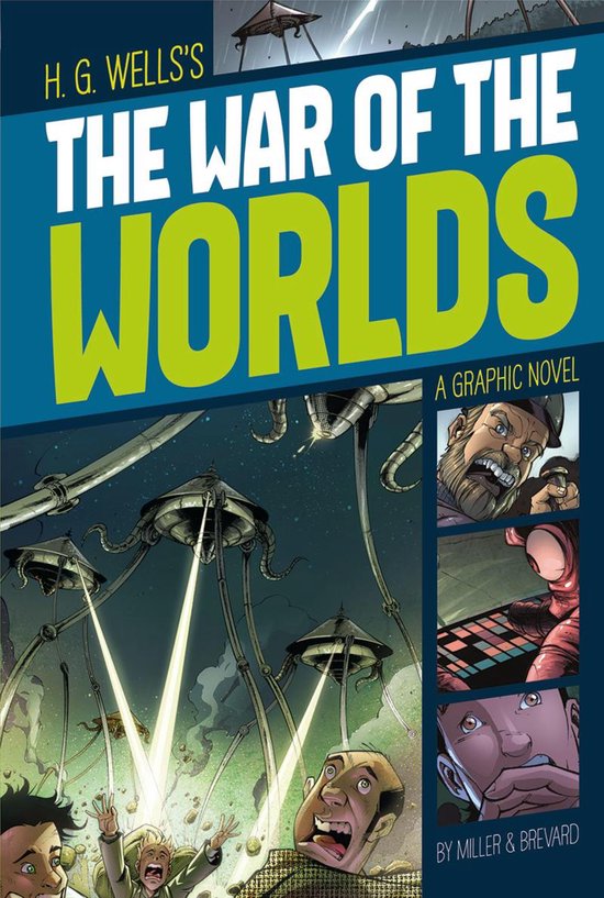 Boekcover van 'The War of the Worlds' met op de voorgrond paniekerige mensen, en op de achtergrond drie driepotige machines die lichtstralen afvuren.
