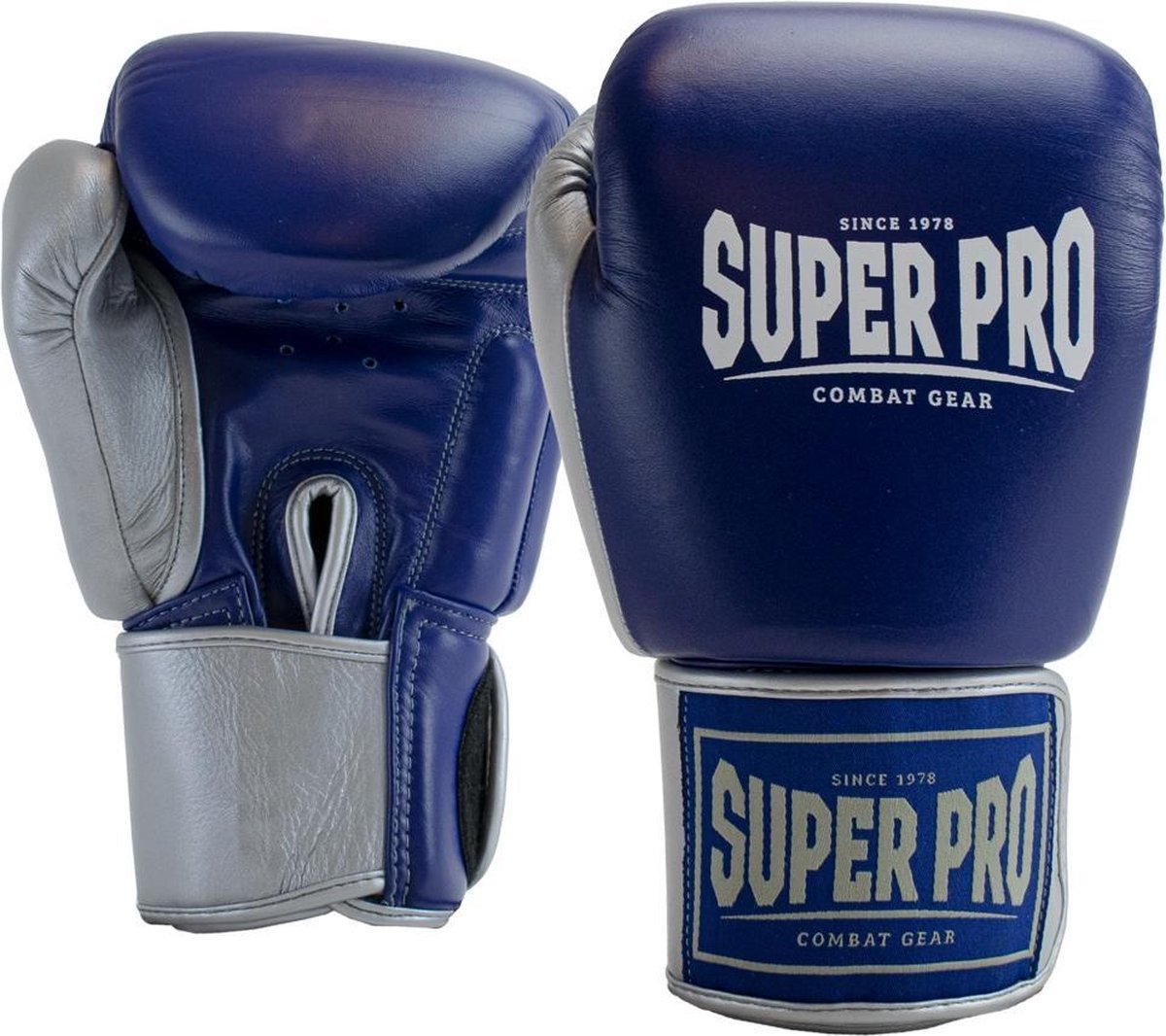 Super Pro Lederen (thai)bokshandschoenen Enforcer Blauw/Zilver/Wit 16oz