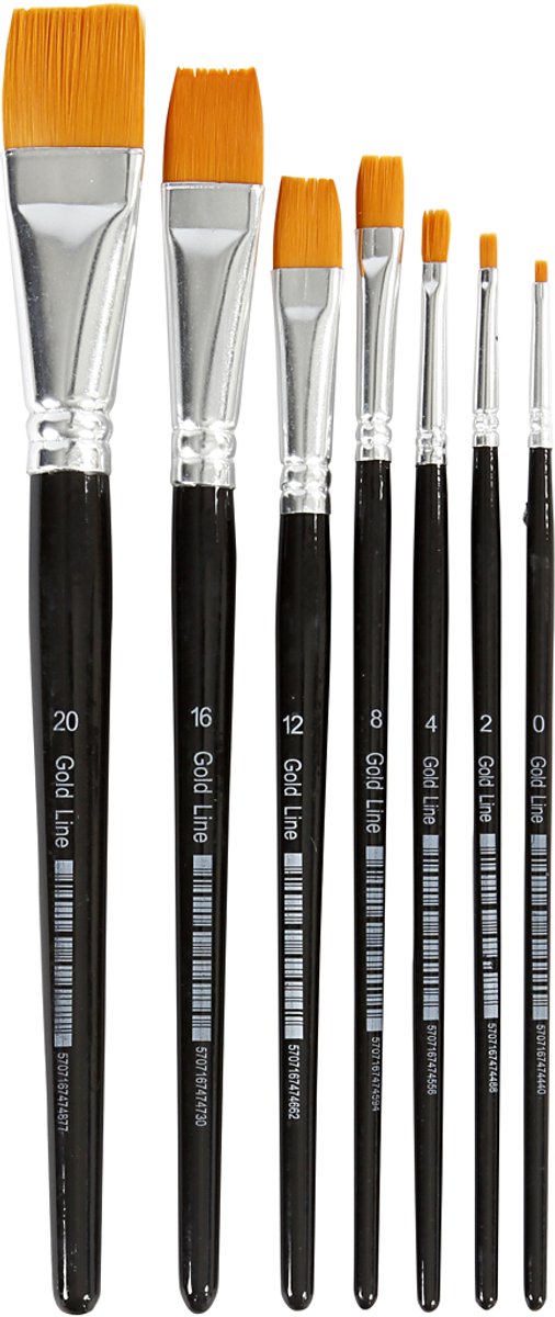 Gold Line penselen, afm 0+2+4+8+12+16+20, L: 16,5-21 cm, B: 1-7 mm, plat, 7 stuk