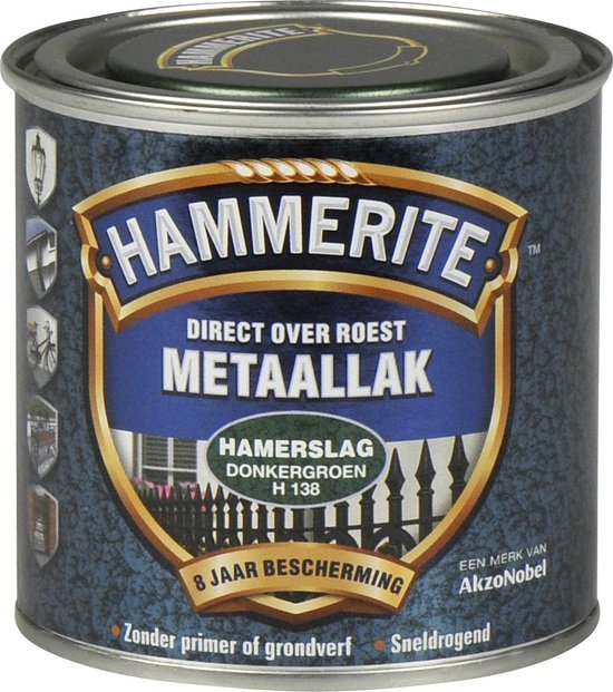 Hammerite metaallak, hamerslag donkergroen H138, 250ml. Blik met turquoise, gebarsten patroon.