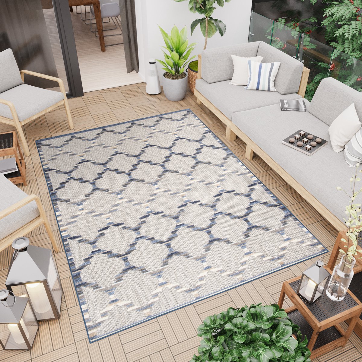 Tapiso Patio Indoor Tapijt Tuintapijt Buitenkleed Buiten Outdoor Maat- 120x170 Grijs Blauw