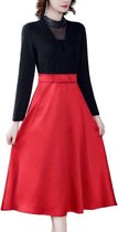 Retro stiksels A-lijn rok met lange mouwen nep tweedelige jurk (kleur: rood maat: XXL)-Rood