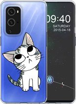 Voor OnePlus 9 gekleurd tekeningpatroon zeer transparant TPU beschermhoes (gekanteld hoofd kat)