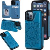 Bloem reliëfpatroon schokbestendig beschermhoes met houder & kaartsleuven en fotolijst voor iPhone 12/12 Pro (blauw)