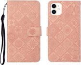Etnische stijl reliëf patroon horizontale flip lederen tas met houder & kaartsleuven & portemonnee & lanyard voor iPhone 12 (roze)