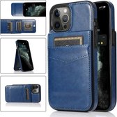 Effen kleur pc + TPU beschermhoes met houder en kaartsleuven voor iPhone 12 Pro Max (blauw)