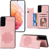 Voor Samsung Galaxy S21 5G Mandala reliëf PU + TPU hoesje met houder & kaartsleuven & fotolijst & riem (rose goud)