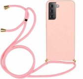 Voor Samsung Galaxy S21 5G tarwestro materiaal + TPU beschermhoes met draagkoord (roze)