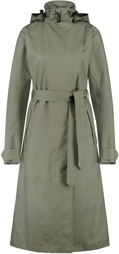Long trench-coat vert avec capuche et ceinture, nœud à l'avant.