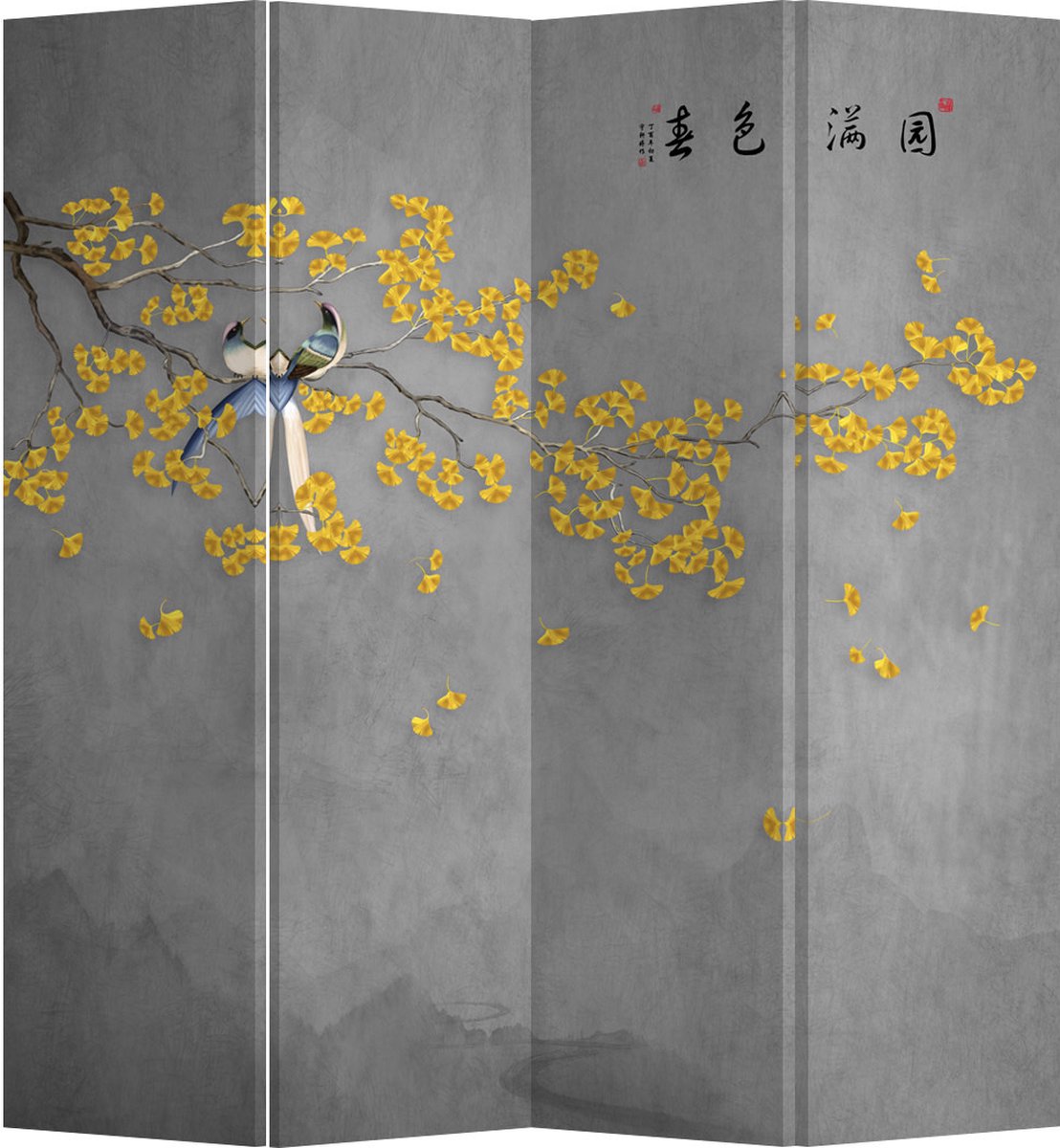Fine Asianliving Kamerscherm Scheidingswand B160xH180cm 4 Panelen Gele Bloesems Multicolour, Grijs