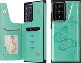 Vlinder reliëfpatroon schokbestendig beschermhoes met houder & kaartsleuven en fotolijst voor Samsung Galaxy Note20 Ultra (groen)