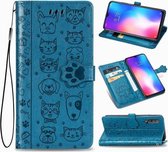 Voor xiaomi 9 se schattige kat en hond reliëf horizontale flip lederen tas met beugel / kaartsleuf / portemonnee / lanyard (blauw)