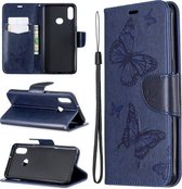 Voor Galaxy A10s Twee vlinders reliëfpatroon horizontaal Flip lederen tas met houder & kaartsleuf & portemonnee & lanyard (donkerblauw)