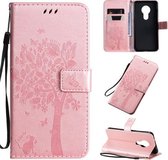 Voor Nokia 7.2 Tree & Cat Pattern Pressed Printing Horizontale Flip PU Leather Case met Houder & Kaartsleuven & Portemonnee & Lanyard (Rose goud)