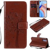 Voor Oppo Reno4 5G Boom & Kat Reliëfpatroon Horizontale Flip Leren Case met Houder & Kaartsleuven & Portemonnee & Lanyard (Koffie)