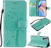 Voor Oppo Reno4 5G Boom & Kat Reliëfpatroon Horizontale Flip Leren Case met Houder & Kaartsleuven & Portemonnee & Lanyard (Groen)