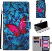 Gekleurde tekening Cross Texture Horizontale Flip PU lederen tas met houder & kaartsleuven & portemonnee & lanyard voor iPhone 11 (blauw rood vlinder)