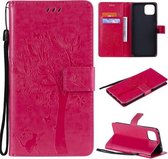 Voor OPPO A73 5G Tree & Cat Pattern Pressed Printing Horizontale Flip PU Leather Case met houder & kaartsleuven & portemonnee & Lanyard (Rose Red)