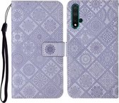 Voor Huawei Honor 20 Etnische stijl Reliëfpatroon Horizontale flip lederen hoes met houder & kaartsleuven & portemonnee & lanyard (paars)